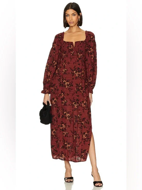 Free People Jaymes Maxi Dress Burgundy Floral Smocked Long Sleeve 36437 - Picture 2 of 11